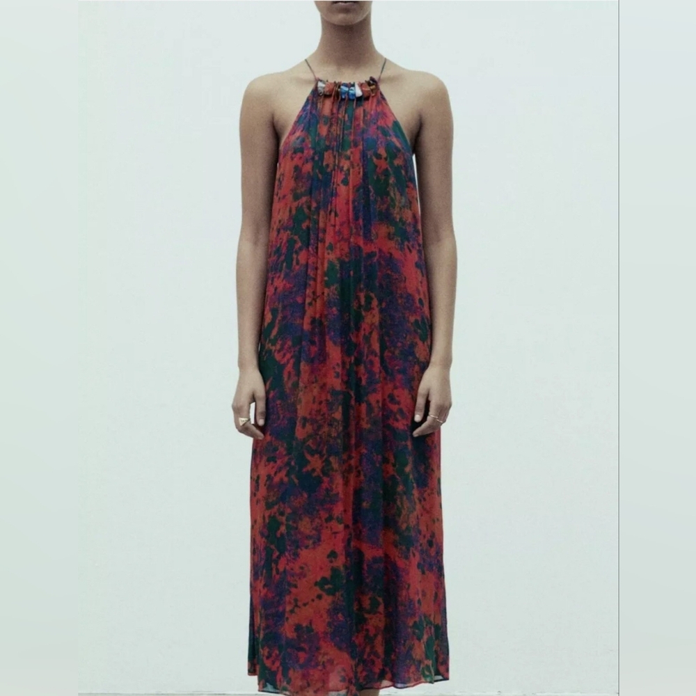Zara Pink, Orange and Green Pleated Halter Maxi Sundress